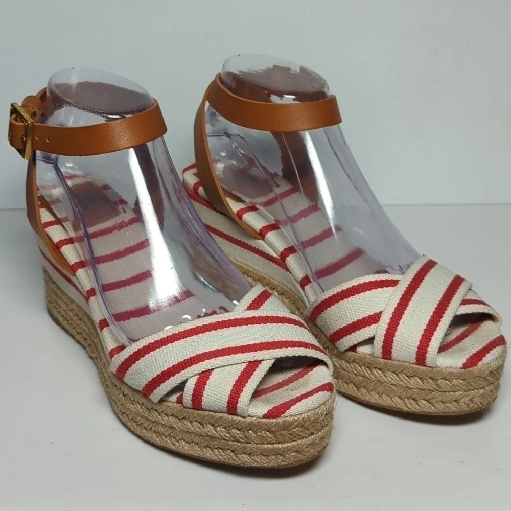 Tory Burch Karissa canvas wedge espadrille platform sandals womans size 9